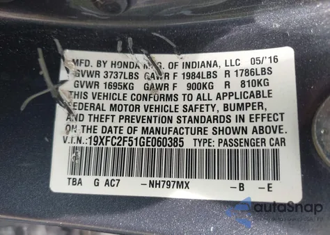 2016 Honda Civic Lx from USA, damaged, VIN 19XFC2F51GE060385